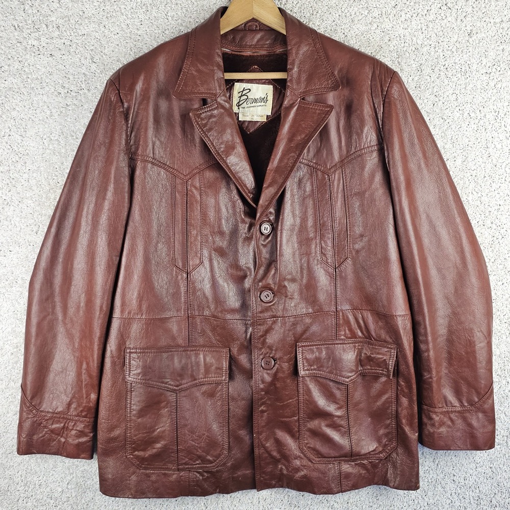 Vintage Berman's Leather Faux Fur Plaid Lined Leather Jacket Sz 46 Western Yoke